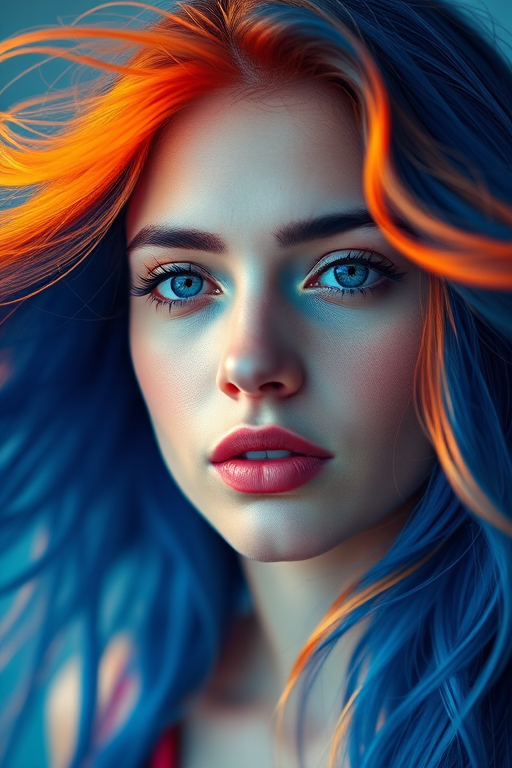 Create a vibrant vector portrait of a woman with flowing hair in bright blue and orange tones, using a shallow depth of field, 50mm lens, f/1.8 aperture, soft diffused lighting, and a slight bokeh effect in the background.