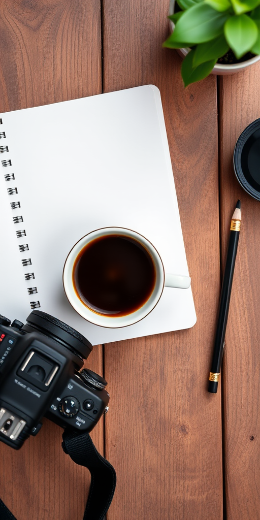 create a flat lay image of a notepad with a blank page, a cup of coffee, and a pencil on a rustic wooden table, DSLR camera, 50mm lens, f/2.8 aperture, ISO 100, natural lighting, high resolution