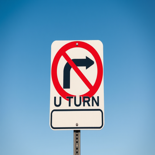 Create a high-resolution image of a no U-turn sign with a clean background using a DSLR camera, 50mm lens, aperture set to f/8, ISO 200, and a slight tilt for artistic effect.