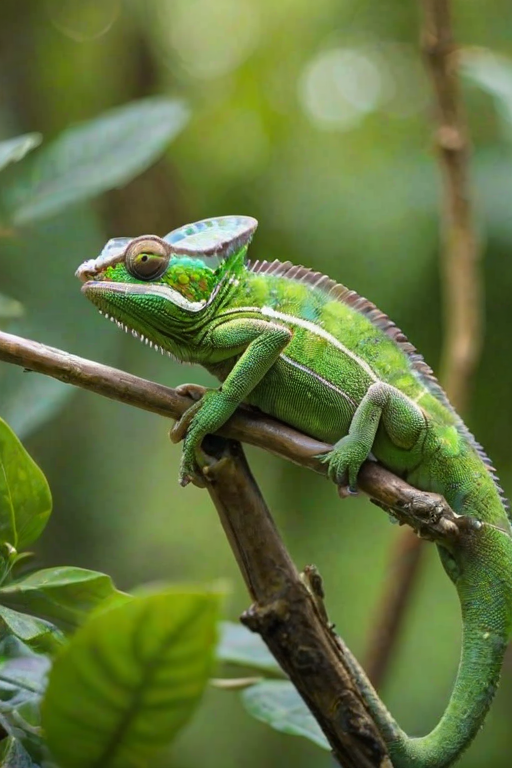 a vibrant green chameleon with a textured body and a crown-like crest resting on a branch surrounded by lush green leaves with a blurred background