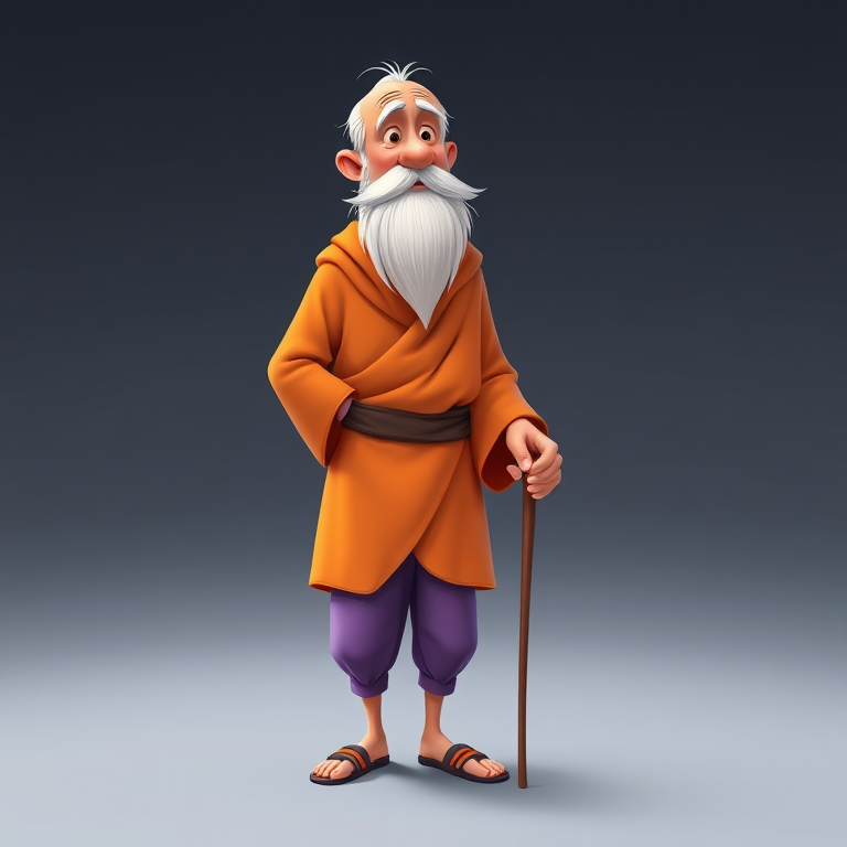 Create a digital illustration of an elderly cartoon character with a long white beard and mustache, wearing an orange robe and purple pants, standing with a cane, using a high-resolution digital camera at 50mm lens, f/2.8 aperture, ISO 100, and natural lighting for vibrant colors and sharp details.