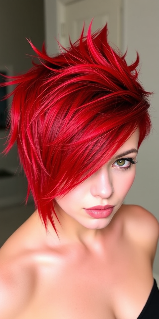 Fiery red pixie cut with spiky texture, known as "Phoenix Flame," features bold crimson hues and edgy styling that exudes confidence and attitude