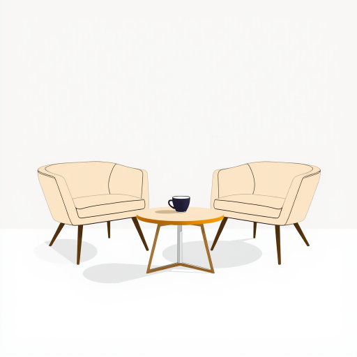 generate a digital illustration of two stylish armchairs and a round table with a coffee cup, use a high-quality camera setting with a focal length of 50mm, aperture set to f/2.8, a depth of field effect, captured from a slightly elevated angle, using a digital camera in a modern and clean style for enhanced image quality
