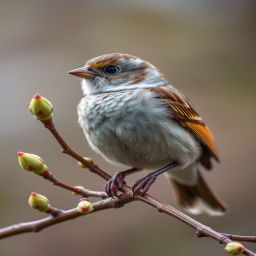 A detailed close-up of a sparrow perched on a branch with budding leaves, f/5.6 aperture, ISO 400, 1/200s shutter speed, macro lens, natural light, DSLR camera.