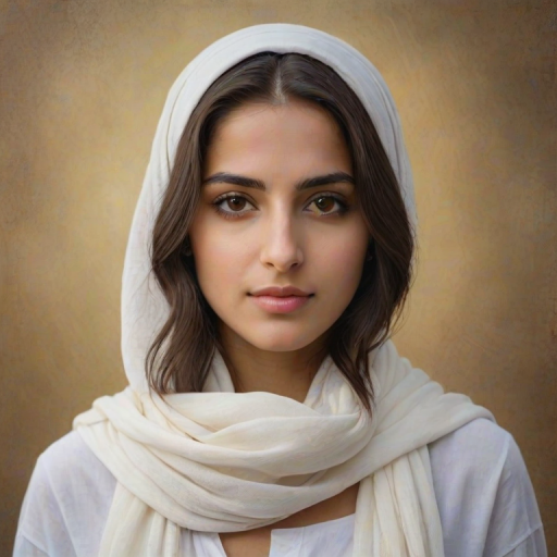 Create a portrait of a young Chaldean female with long, dark hair and captivating hazel eyes. She is wearing a white headscarf and a matching scarf draped gracefully around her neck. The background is softly blurred, focusing attention on her serene and natural expression. The overall color palette is muted and warm, enhancing the intimate and authentic feel of the portrait.