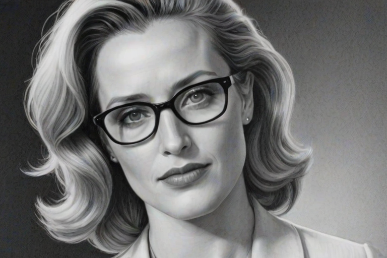 Charming Gillian Anderson, pencil sketch, portrait of Graceful woman 1946s in glasses, hair style beatnik, outline, clear lines, fine lines, 8k