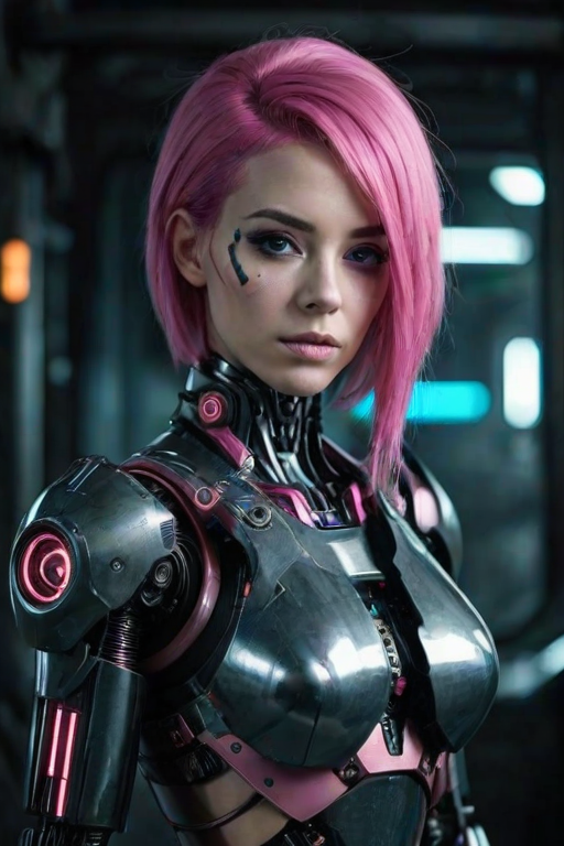 portrait of a robot android girl with pink hair in a dark dramatic cyberpunk futuristic environement