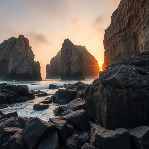 a dramatic coastal scene featuring large rock formations rising from the ocean, captured at sunset with soft, diffused lighting, using a DSLR camera with a 24mm lens, aperture set to f/8, shutter speed 1/250 sec, ISO 100, wide-angle view for enhanced depth, and a focus on the textures of the rocks and water reflections