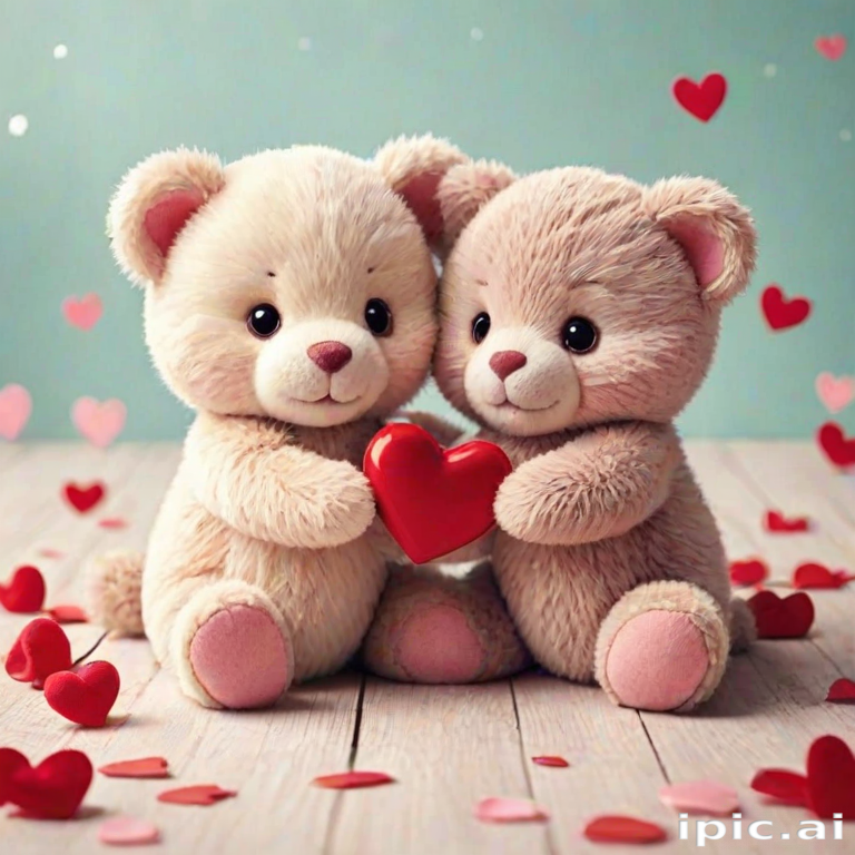 Two Adorable Teddy Bears Holding a Heart Surrounded by Love and Hearts