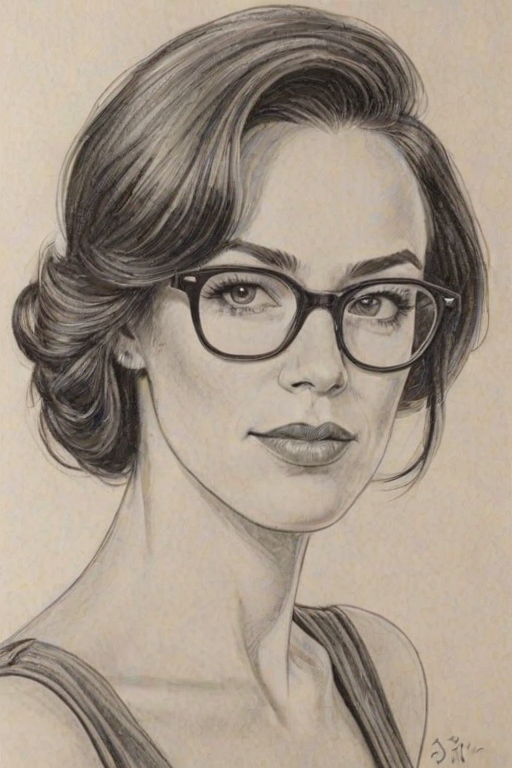 Captivating Maggie Siff, pencil sketch, portrait of Graceful woman 1955s in glasses, hair style beatnik, outline, clear lines, fine lines, 8k