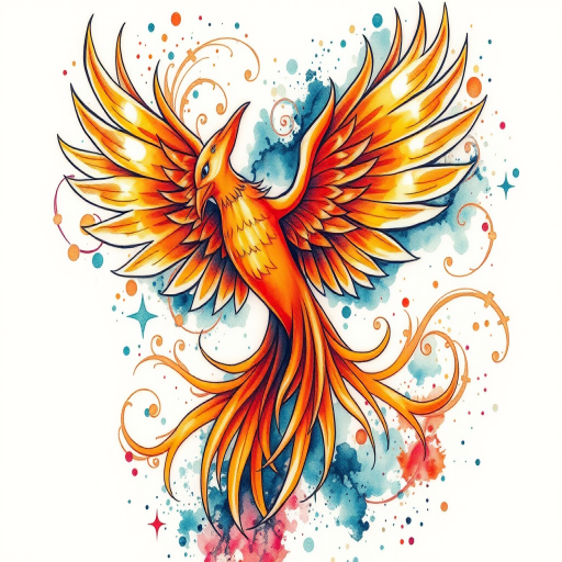 Vibrant watercolor tattoo depicting a majestic phoenix rising from ashes, feathers blending into swirling abstract patterns, iridescent hues of orange and teal, intricate details in negative space
