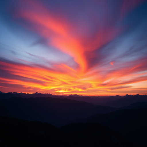photograph of a sunset over a mountain range with vibrant orange and purple hues, shot with a Canon EOS R5, 24mm f/1.4 lens, ISO 100, shutter speed 1/160 sec, high dynamic range style, wide-angle view