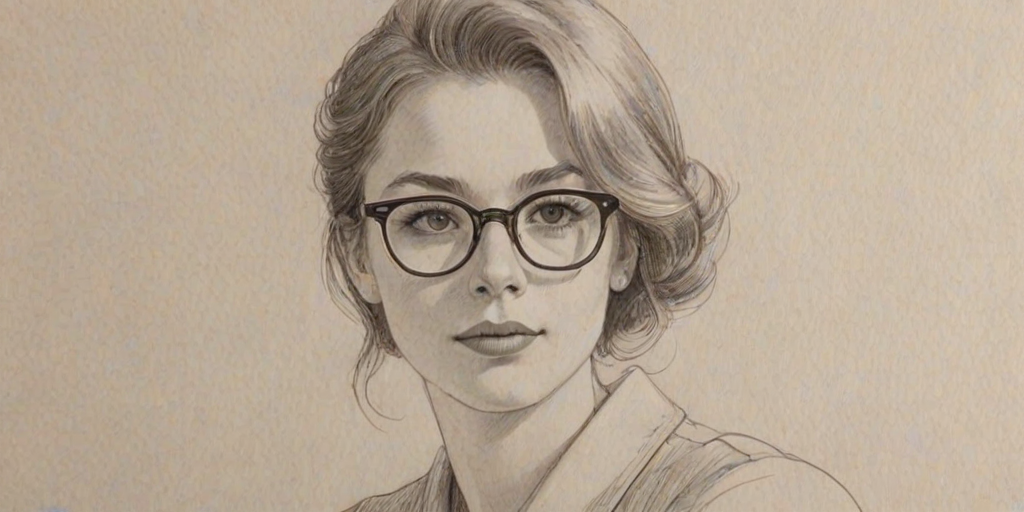 Resplendent Mina Sundwall, pencil sketch, portrait of Lovely woman 1957s in glasses, hair style beatnik, outline, clear lines, fine lines, 8k