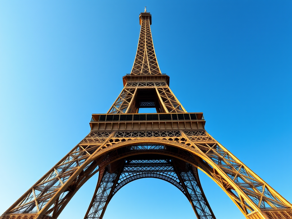 Create a high-resolution illustration of the Eiffel Tower in a golden color against a clear blue sky, using a DSLR camera with an aperture of f/8, ISO 100, and a focal length of 50mm, capturing the image from a low angle to emphasize its height and grandeur.