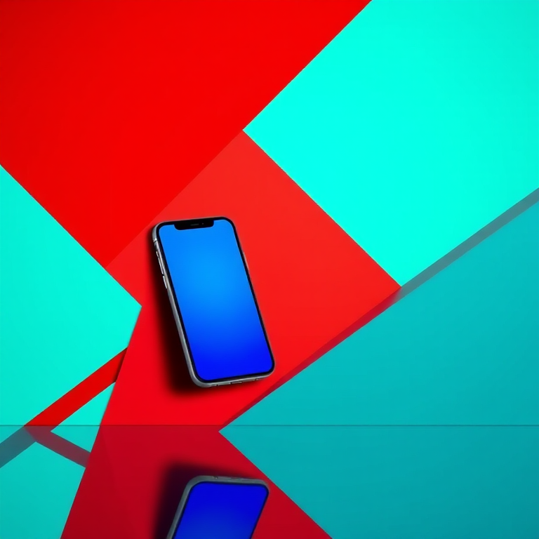 Create a vibrant, abstract digital art piece featuring a smartphone with a blue screen, set against a dynamic background of red and teal geometric shapes, captured with a DSLR camera at f/2.8, ISO 100, 1/60s, wide-angle lens for enhanced detail and depth.