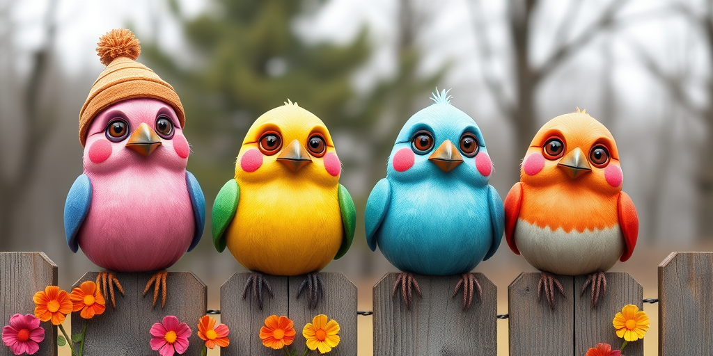 create a scene of 4 quirky  whimsical colourful comical birds each with a funny expression. they are sat on a wooden fence with colourful flowers. they are all different sizes. each one is a different colour  one is wearing a woolly hat. Each one has a different quirky google expression and there is a muted background of trees watercolour paintierly style high definition 8k resolution 3D paper mache