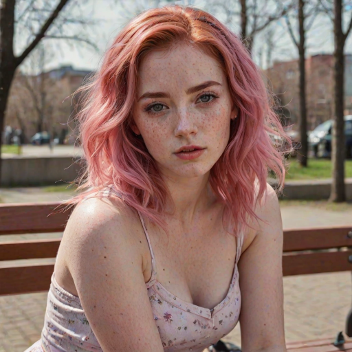 close-up, brown and prominent freckles, extremely detailed, pink hair, young woman, facial features, bright, flash, outdoors, ((small eyes)), realistic, real, clear, iPhone camera, sitting on a bench, spring winds, skirt, intriguing look, sexy pose