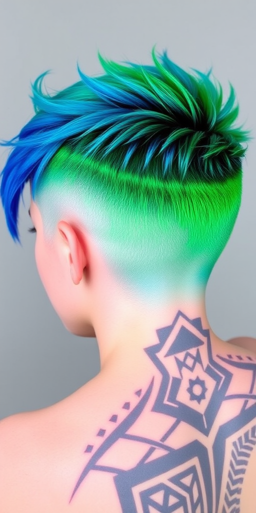Edgy Neon Undercut pixie style with vibrant green roots fading into electric blue tips, paired with shaved sides featuring intricate geometric patterns