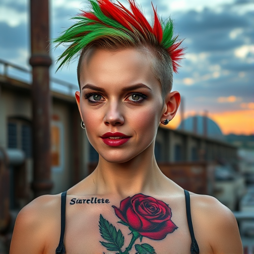 a highly detailed photo of scarlett johansson with a punk aesthetic. She has fair skin and a slender physique. Her hair is styled in a mohawk with a striking green and red gradient, with the green section covering the left side and the red section on the right. Her facial features are sharp and angular, with dark eyebrows and eyeliner that accentuate her almond-shaped eyes. She has a small nose ring and wears a silver metallic earpiece on her left ear. Her expression is neutral, with a slight hint of a smile. She has a tattoo of a large red rose on her neck, just below her jawline. She is wearing a sleeveless top that reveals her shoulders and upper arms, which are lightly tanned. The background is a gritty, industrial setting with a rusty, metallic texture. There are visible pipes and a large, metallic structure in the distance, suggesting an urban environment. The sky is a mix of blue and orange hues, indicating either early morning or late afternoon light. The image has a realistic texture and lighting, enhancing the sense of being in a real-world environment.