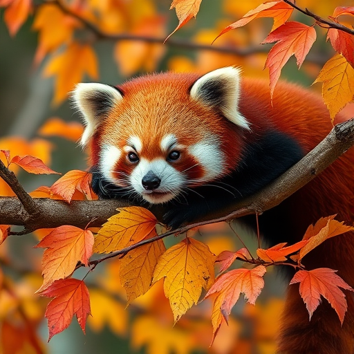 A red panda resting on a branch surrounded by vibrant autumn leaves, captured with a Canon EOS R5, 85mm f/1.2 lens, f/2.8 aperture, ISO 100, natural light in a close-up depth of field for enhanced detail and color saturation.