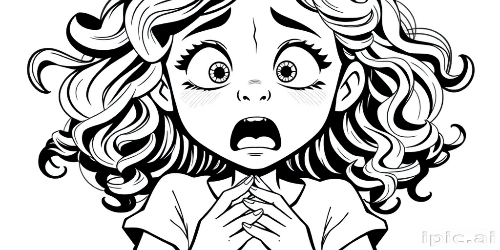 The image is a black and white illustration of a young girl with curly hair. She has a surprised expression on her face with her mouth open and her hands clasped together in front of her chest. Her eyes are wide and her eyebrows are furrowed. Her hair is styled in loose curls that are cascading down her back. The overall mood of the image is one of shock or surprise.