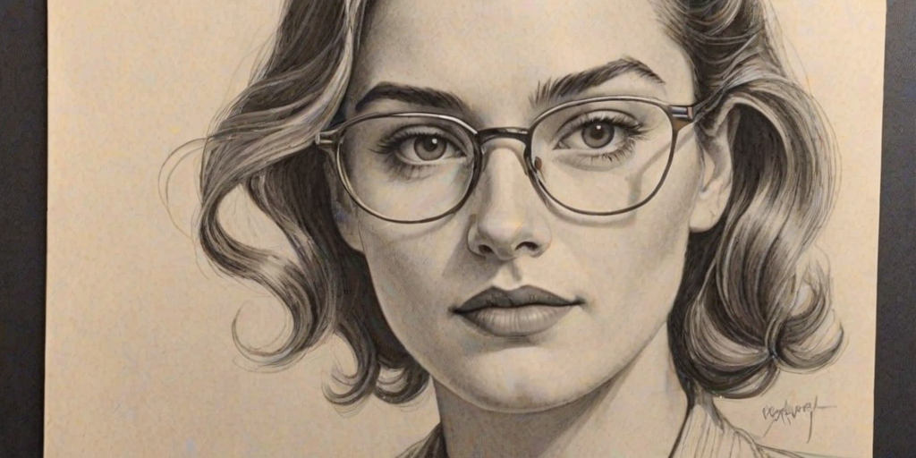Splendid Annie Murphy, pencil sketch, portrait of Graceful woman 1947s in glasses, hair style beatnik, outline, clear lines, fine lines, 8k