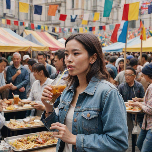 Crowded festival in a bustling square, colorful flags hanging overhead, a woman in a denim jacket stands at a food stall, sipping from a cold drink as performers entertain in the background.
