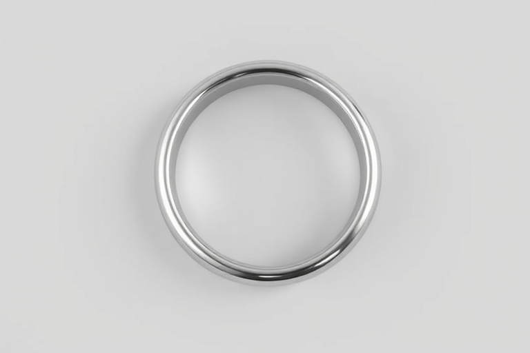 Create a realistic 3D rendering of a polished silver ring on a soft gray background, using a DSLR camera at f/2.8 aperture, ISO 100, focal length 50mm, with a top-down view and soft diffused lighting to highlight reflections and shine.