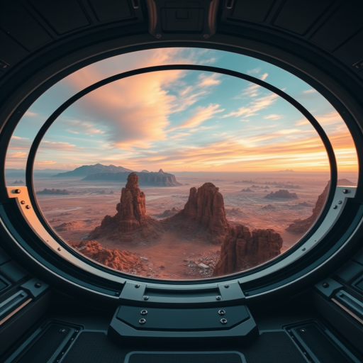 A futuristic spacecraft interior with a large panoramic window showcasing a breathtaking alien landscape, featuring rocky formations and distant mountains under a vibrant sky, captured with a Canon EOS R5 at f/2.8, ISO 100, 24mm lens, wide-angle view, high dynamic range for enhanced details and colors.