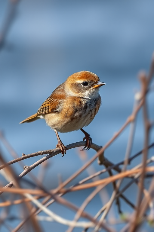 A close-up shot of a small brown bird perched on a branch among twigs, with a blurred background of water, captured with a Canon EOS R5, 85mm lens, f/2.8 aperture, ISO 200, in natural light.