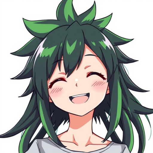 Generate a high-quality digital illustration of a cheerful anime character with spiky green and black hair smiling brightly, using a soft focus camera lens, aperture f/2.8, ISO 200, 50mm focal length, with a light gray background for contrast, captured in a vibrant art style.