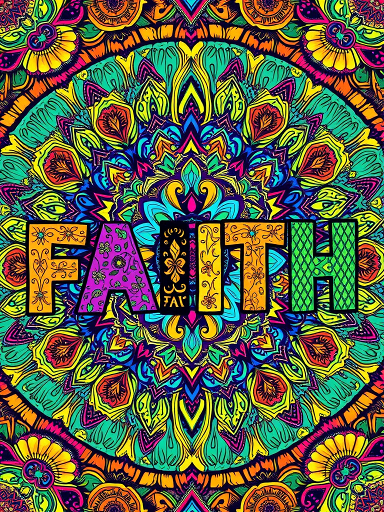 Create a vibrant, colorful illustration of the word "FAITH" filled with intricate patterns and designs, use a Canon EOS R5 with a 50mm lens, aperture set at f/2.8, ISO 100, focusing on vibrant colors, high saturation, and sharp details, top-down view for complex pattern visibility.