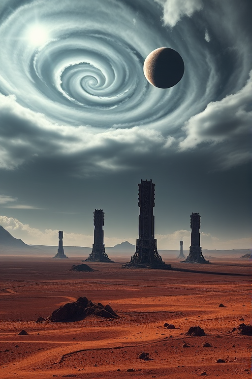 Create a stunning sci-fi landscape featuring desolate towers in a barren terrain under a dramatic sky with swirling clouds and a distant planet, using a Canon EOS 5D Mark IV with a 24-70mm f/2.8 lens, aperture f/8, ISO 100, and a wide-angle view to enhance depth and detail in the foreground and background.