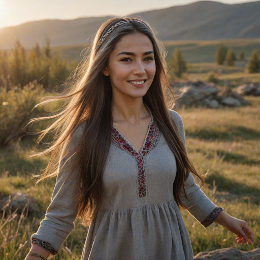 ultrarealistic, Delightful Tajik woman, pirouette on her head, gray hair, long straight hair, she is wearing Spring clothes, the sun gently illuminates her hair. Ultrarealistic skin, stands in the meadow, 1 girl, age - about 33 years old, swarthy complexion, ultrarealistic skin, smiles gently, stands near the campfire. She looks sexy