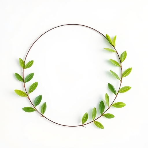 Create a minimalist design featuring a circular frame adorned with delicate green leaves on opposite sides, shot with a DSLR camera at f/2.8 aperture, 35mm focal length, 1/100 sec shutter speed, natural lighting, and a soft focus background to enhance the image quality.