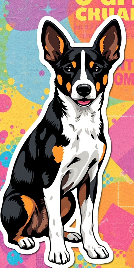 this picture is sticker, 3D black and white canaan dog breed, colorful background