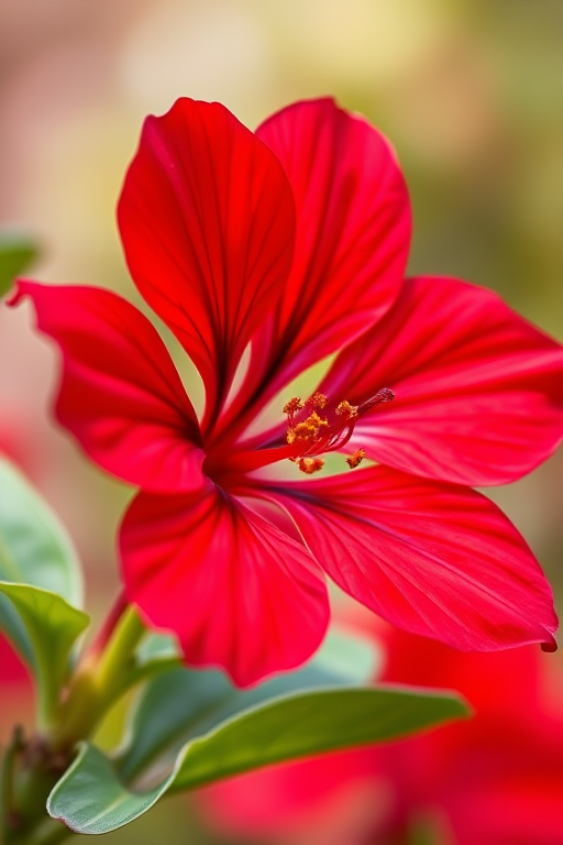 Generate a high-resolution digital illustration of a vibrant red flower with green leaves, taken from a close-up perspective using a Canon EOS 5D Mark IV, f/2.8 aperture, 50mm lens, soft-focus background with subtle bokeh effect, and natural lighting for enhanced color depth.