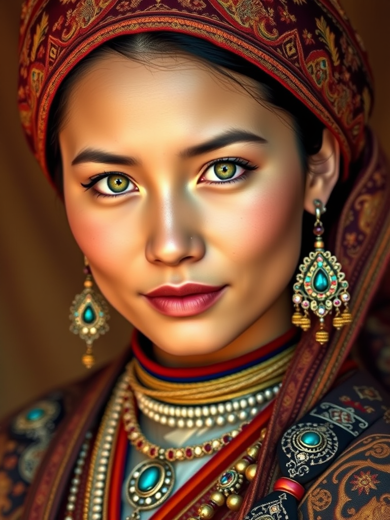 Create a portrait of a beautiful Tibetan woman with striking green eyes and a gentle expression. She is adorned in traditional attire with intricate patterns, including a richly embroidered headscarf and matching garments. Her jewelry includes a delicate headpiece, dangling earrings, and ornate bracelets, all featuring vibrant gemstones and detailed metalwork. The background is soft and warm, enhancing the rich colors of her outfit and jewelry.