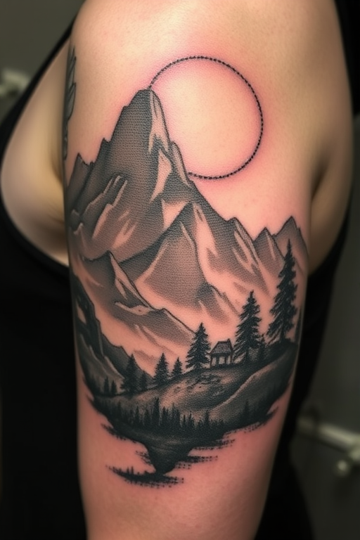Meticulously detailed stipple tattoo named "Whispered Shadows" showcasing intricate scenes or portraits composed entirely of thousands of tiny dots varying in density to create shading depth and texture utilizing a monochromatic palette to achieve a timeless aesthetic reminiscent of vintage etchings or woodcut prints with a soft dreamy quality that appears to fade into the skin