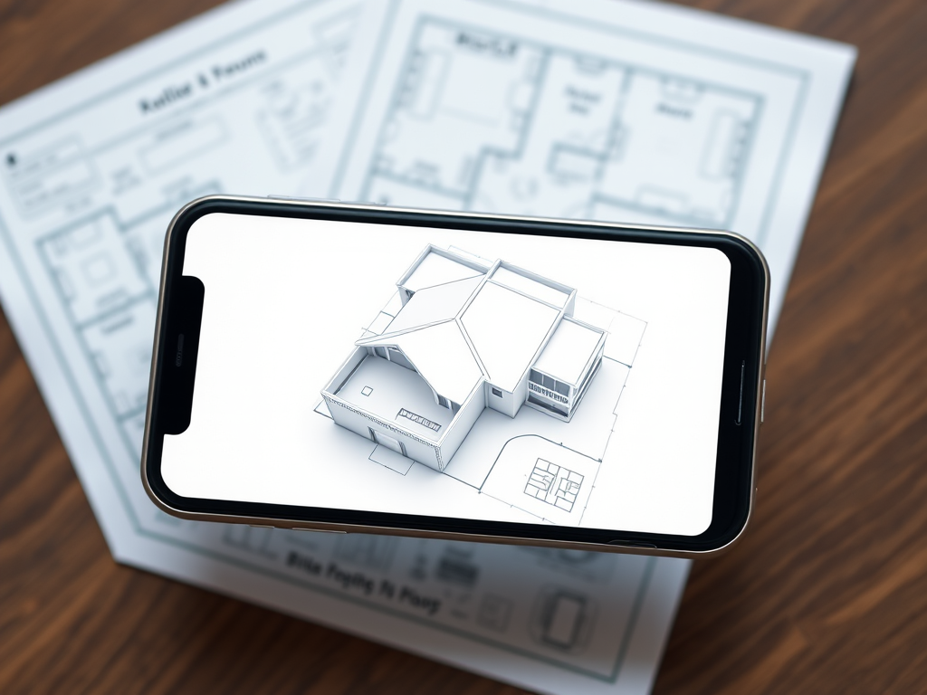 Create an image of a smartphone displaying a 3D blueprint of a house overlaid on top of a floor plan, with a shallow depth of field, aperture f/2.8, ISO 100, 50mm lens, top-down view, captured with a DSLR camera for high clarity and detail.