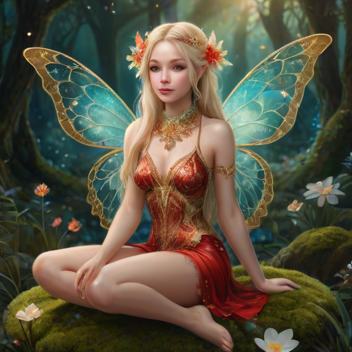 A digital artwork features a winged fairy with delicate Aqua butterfly wings, adorned with intricate Ivory andAsparagus patterns. She is seated on a vibrant Moss flower, wearing a revealing red two-piece outfit with sparkling beadwork. Her fair skin, long blonde hair, and gold jewelry add to her ethereal appearance. The background is a warm, golden gradient, creating a magical atmosphere. Small glowing orbs and sparkles surround the flower, enhancing the enchanting, highly detailed, and realistic scene.