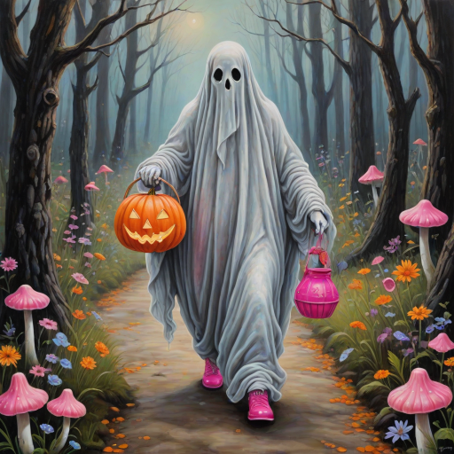 whimsical acrylic and oil painting, 3D, of a ghost, walking and carrying an orange pumpkin bucket and a lantern in the other hand, with bright pink croc shoes, background path in the enchanted forest, wildflowers, colorful mushrooms misty hues of black and orange with bright gold glitter, ultra detailed..Inspired by a prompt from another group