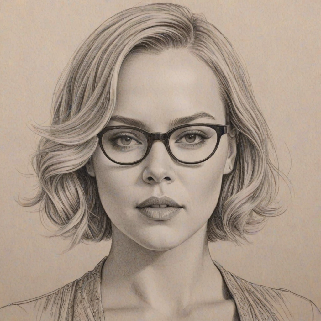 Fascinating Abbie Cornish, pencil sketch, portrait of Stunning woman 1932s in glasses, hair style beatnik, outline, clear lines, fine lines, 8k