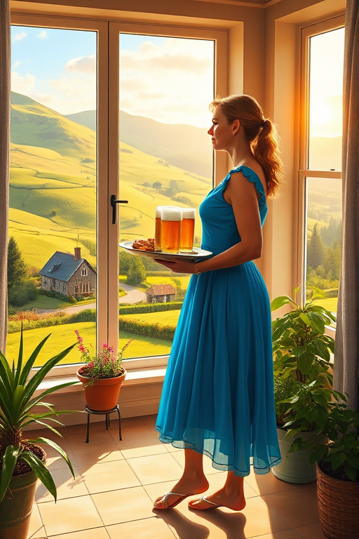 In "A Glass of Beer on the Highland," a serene scene is depicted in a sunlit room where a woman in a vibrant blue dress stands by a large window. She holds a tray with a hearty meal and a frothy glass of beer, embodying a moment of relaxation. Outside, the breathtaking highland landscape features rolling green hills and a charming traditional house, all bathed in warm afternoon light. The interior is adorned with potted plants, creating a harmonious blend of comfort and nature. The painting beautifully captures the tranquility and joy found in simple pleasures amidst stunning scenery