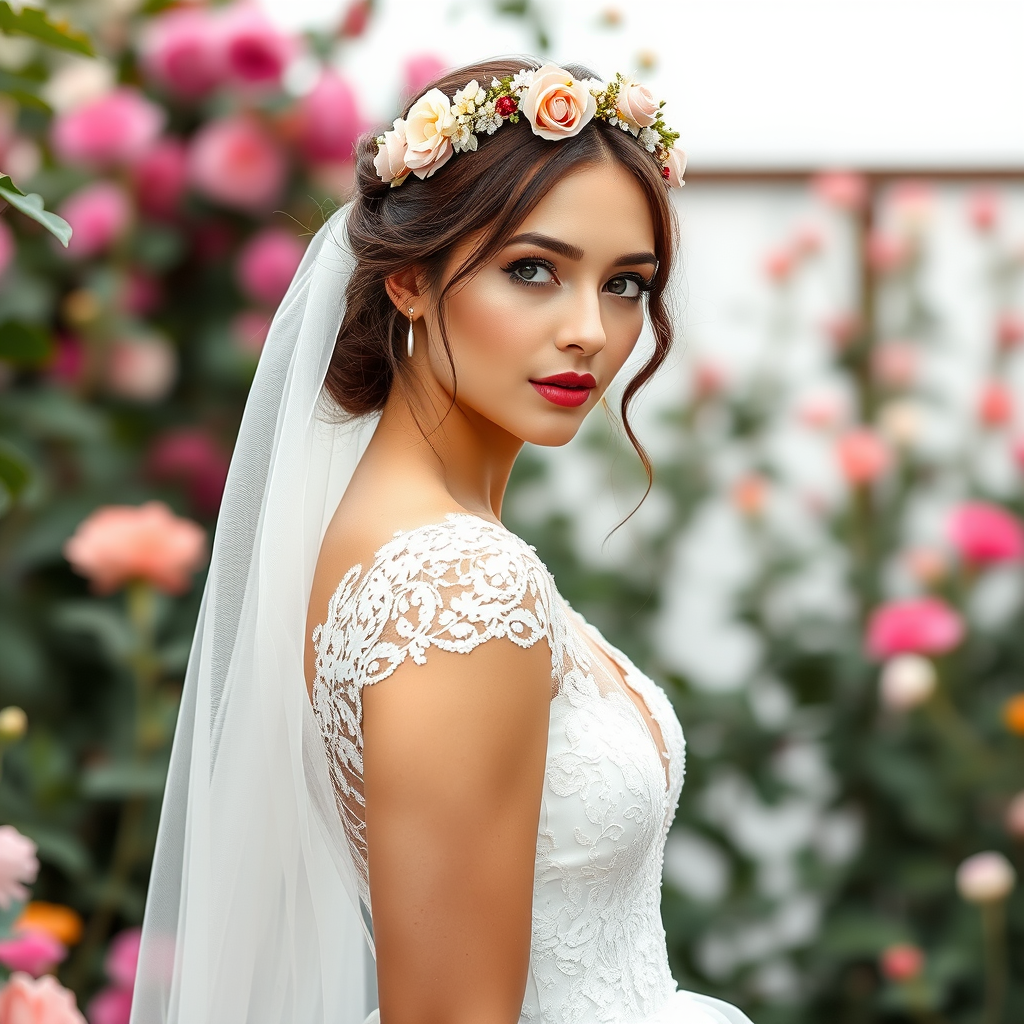 garden scene, bridal model, delicate lace gown, floral headpiece, soft romantic focus, high-key lighting and an 85mm lens for soft, even tones that highlight the model’s face and bright outfit against a white or light background