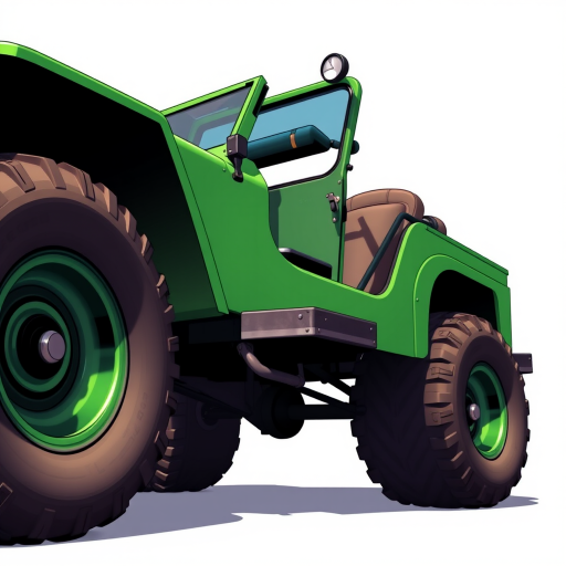 Regenerate a vibrant illustration of a green vintage Jeep with oversized tires, focusing on detail and shading, using a DSLR camera at f/8 aperture, 50mm lens, 1/250 sec shutter speed, natural lighting with a slight vignette effect.