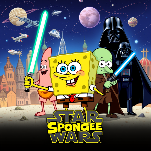 Create a parody of the Star Wars poster with SpongeBob as Luke Skywalker, holding a glowing spatula like a lightsaber. Patrick Star takes the role of Han Solo, holding a blaster, while Squidward is Obi-Wan Kenobi, draped in robes. In the background, Plankton appears as Darth Vader, with Bikini Bottom’s landmarks reimagined as spaceships and planets. The iconic Star Wars logo is swapped for "Sponge Wars," creating a playful, sci-fi adventure scene.