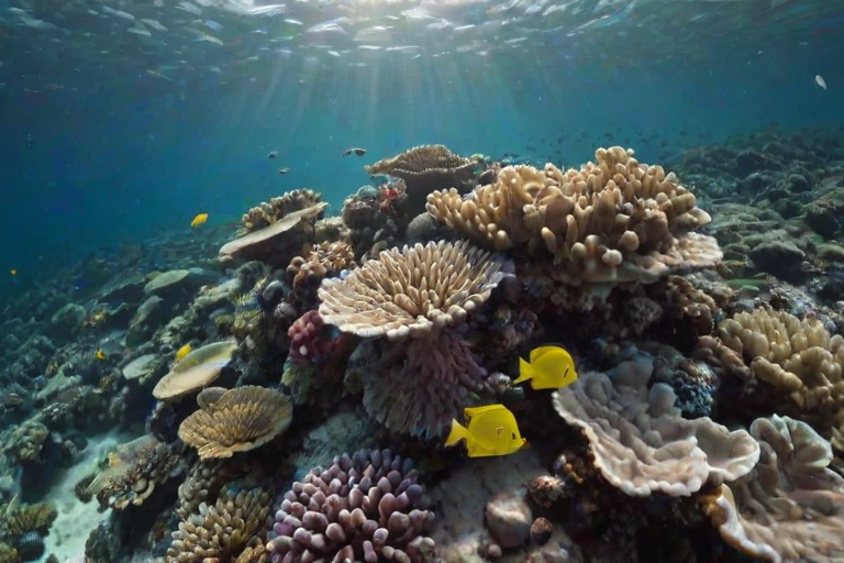 Sharp, high-resolution photo of a colorful coral reef teeming with life, soft light filtering through the clear ocean water, tiny fish darting among the coral, and the feeling of underwater wonder.