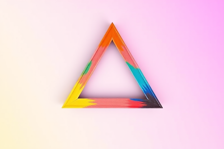 Create a 3D rendering of a colorful painted triangle illusion with a smooth gradient background, using a Canon EOS R5 camera, aperture f/8, shutter speed 1/125s, ISO 100, with a wide-angle lens, overhead view, in high dynamic range style for enhanced depth and vibrancy.
