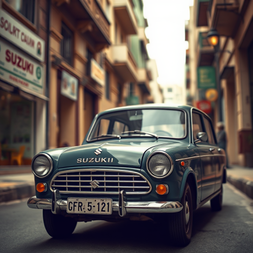 regenerate an image of a vintage Suzuki car parked on a narrow street, capturing the atmosphere of a bustling city with faded shopfronts in the background, using a DSLR camera, aperture f/2.8, shutter speed 1/100 sec, ISO 100, with a shallow depth of field to emphasize the car and a soft bokeh effect for the background.